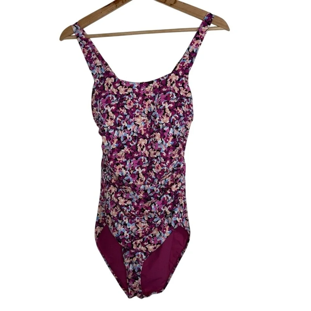Athleta Floral One Piece Swimsuit Size S Pink Ruched Tummy Control Athletic Swim